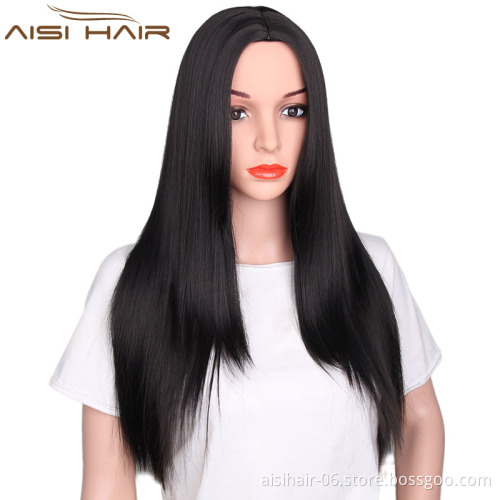 Good Quality Heat Resistant Fiber Wigs For Women Long Silky Straight Style Synthetic Black Color Wigs
